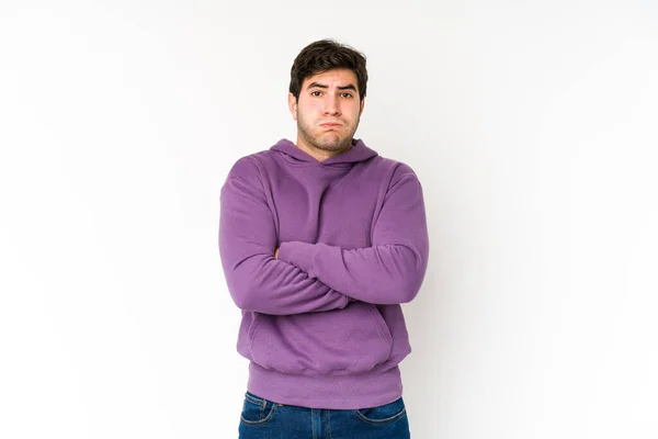 Young Man Isolated White Background Blows Cheeks Has Tired Expression — Stock Photo, Image