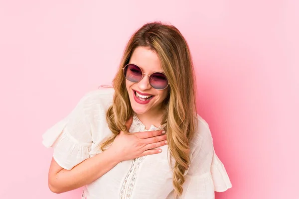 Young Caucian Woman Glasses Isolated Pink Background Laughs Out Loudly — Stock Photo, Image