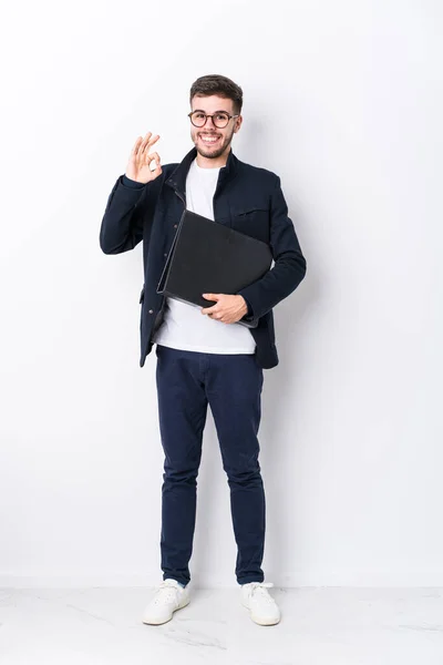 Young Caucasian Man Full Body Isolated Cheerful Confident Showing Gesture — Stock Photo, Image