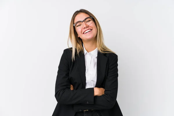 Νεαρή Επιχειρηματίας Καυκάσιος Γυναίκα Γελάει Και Διασκεδάζει — Φωτογραφία Αρχείου