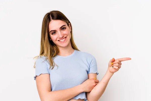 Beyaz Arka Planda Izole Edilmiş Genç Beyaz Kadın Işaret Parmağıyla — Stok fotoğraf