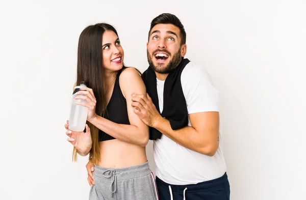 Young Caucasian Fitness Couple Isolated Dreaming Achieving Goals Purposes — Stock Photo, Image