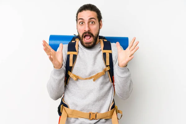 Young Backpacker Man Isolated White Background Celebrating Victory Success Surprised — Stock Photo, Image