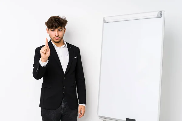 Young Business Coaching Arabian Man Showing Number One Finger — Stock Photo, Image