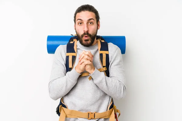 Jeune Homme Sac Dos Isolé Sur Fond Blanc Priant Pour — Photo