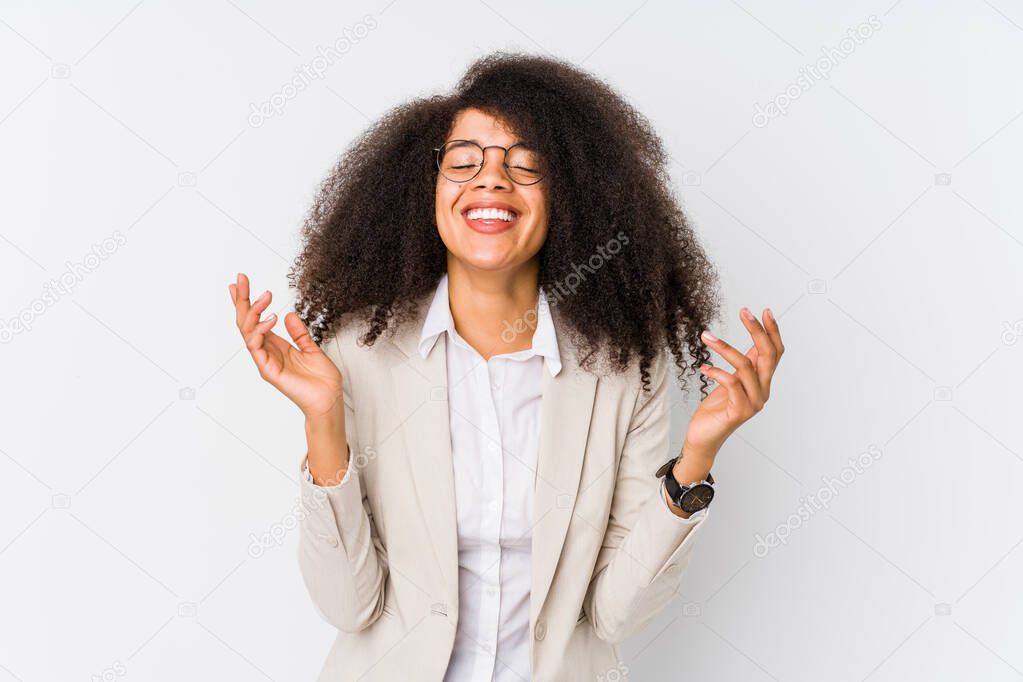 Young african american business woman joyful laughing a lot. Happiness concept.