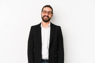 Beyaz bir arka planda izole edilmiş beyaz bir iş adamı. Mutlu, güler yüzlü ve neşeli..