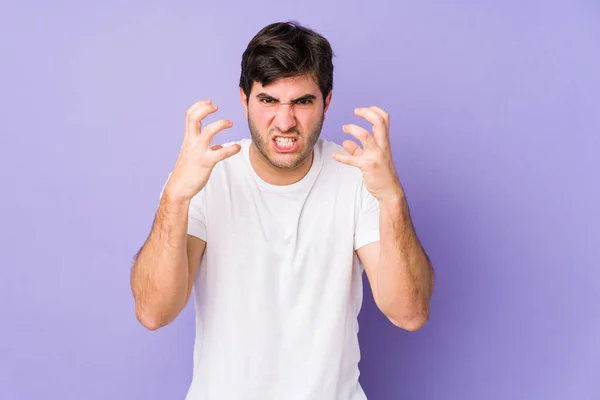 Young Man Isolated Purple Background Upset Screaming Tense Hands — Stock Photo, Image