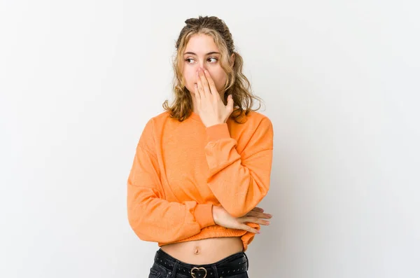 Young Caucasian Woman White Backrgound Yawning Showing Tired Gesture Covering — Stock Photo, Image