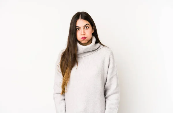 Mujer Joven Caucásica Aislada Sobre Fondo Blanco Sopla Mejillas Tiene — Foto de Stock