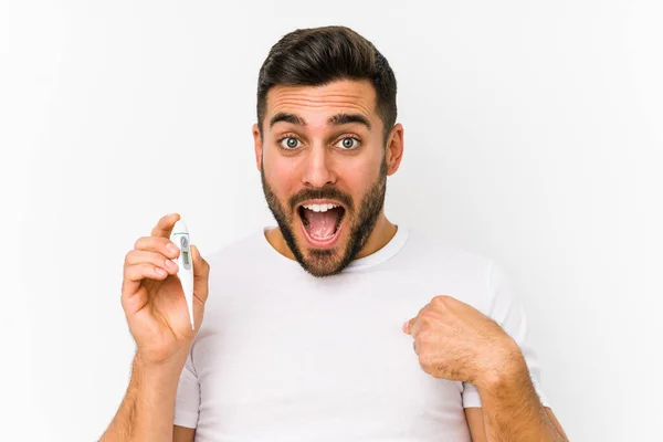 Young Caucasian Man Holding Thermometer Isolated Young Caucasian Man Holding — Stock Photo, Image