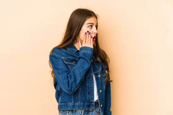 Young Caucasian Woman Isolated Beige Background Being Shocked Because Something — Stock Photo, Image