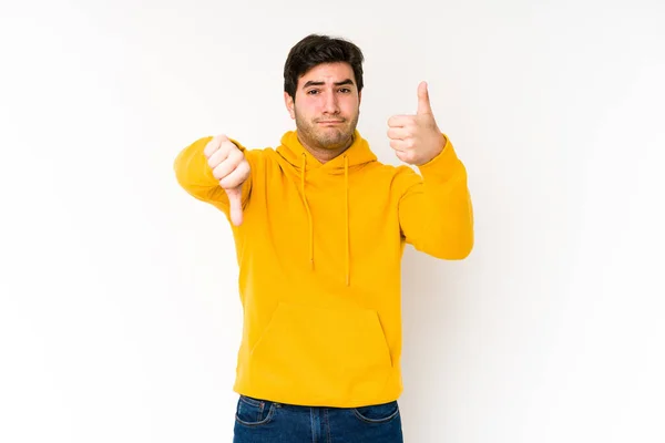 Jovem Isolado Fundo Branco Mostrando Polegares Para Cima Polegares Para — Fotografia de Stock