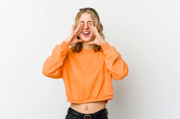 Young Caucasian Woman White Backrgound Shouting Excited Front — Stock Photo, Image