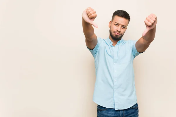 Young South Asian Man Showing Thumb Expressing Dislike — Stock Photo, Image