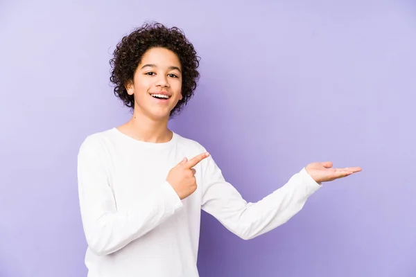 African American Little Boy Isolated Excited Holding Copy Space Palm — Stock Photo, Image