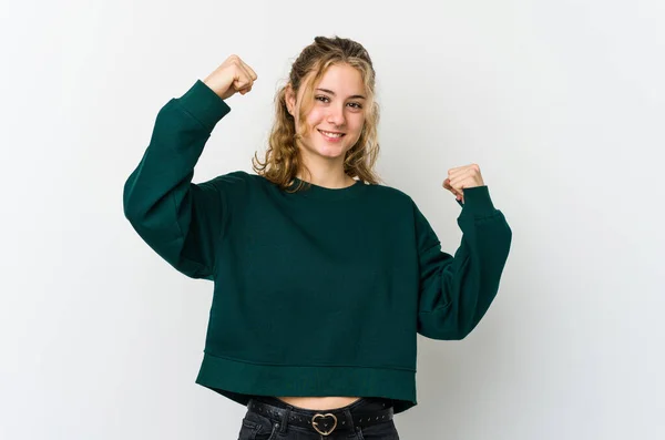 Jeune Femme Caucasienne Sur Fond Blanc Levant Poing Après Une — Photo