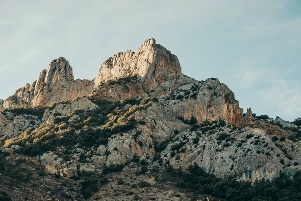 Mountain top at sunset with warm light.