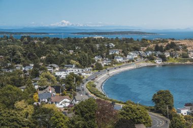 Vancouver Adası, Kanada 'da okyanusun yanındaki tepeden güzel manzara