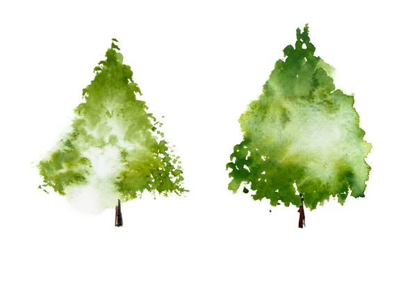 Groene Bomen Met Bladeren Met Hand Getekende Aquarelverf Isoleren Witte — Stockfoto