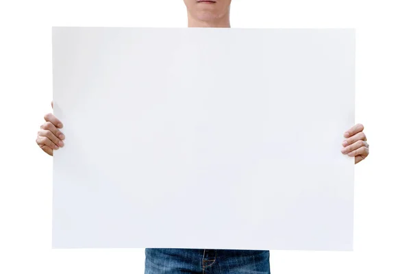 Mann Mit Leerer Karte Isoliert Auf Weißem Papier — Stockfoto