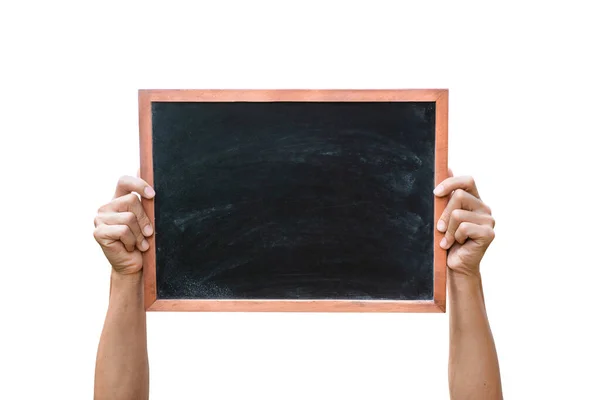 Working Place Empty Rubbed Out Blackboard Chalkboard Texture Background Hands — Stock Photo, Image