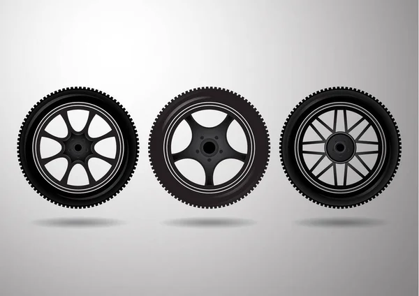 セットだ グレーのグラデーションの背景にホイールアイコン 黒い車輪のタイヤ デザインのベクトル画像 — ストックベクタ