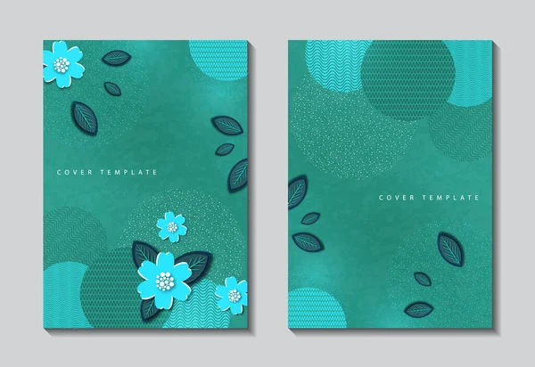 Conjunto Tarjetas Felicitación Fondo Abstracto Círculos Líneas Puntos Flores Hojas — Vector de stock