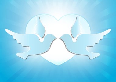 Kalplerin arka planında bir çift güvercin. Düğün tasarım elementleri. Eski tebrik kartları, düğün davetiyeleri, zarflar. Vektör illüstrasyonu