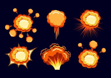 Çizgi film vektör bombası patlaması dumanlı. Çizgi film tarzı efekt, patlama flaşı, bomba komedyeni. Ateş ve bulut patlaması. Vektör illüstrasyonu