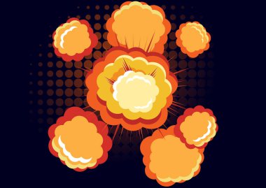 Çizgi film vektör bombası patlaması dumanlı. Çizgi film tarzı efekt, patlama flaşı, bomba komedyeni. Ateş ve bulut patlaması. Vektör illüstrasyonu