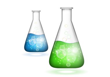 Sıvı ve kabarcıklı soyut cam ampul. Kimyasal ve biyolojik deneyler. Tasarımınız için vektör illüstrasyonu.