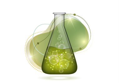 Soyut arka plan izole cam ampul sıvı, kabarcıklar. Kimyasal ve biyolojik deneyler. Tasarımınız için vektör illüstrasyonu.