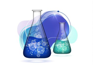 Soyut arka plan izole cam ampul sıvı, kabarcıklar. Kimyasal ve biyolojik deneyler. Tasarımınız için vektör illüstrasyonu.