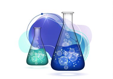 Soyut arka plan izole cam ampul sıvı, kabarcıklar. Kimyasal ve biyolojik deneyler. Tasarımınız için vektör illüstrasyonu.