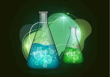 Soyut arka plan izole cam ampul sıvı, kabarcıklar. Kimyasal ve biyolojik deneyler. Tasarımınız için vektör illüstrasyonu.