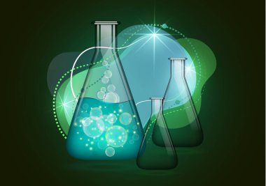 Sıvı, baloncuklar ve boş cam ampullerle izole edilmiş soyut cam ampul. Kimyasal ve biyolojik deneyler. Tasarımınız için vektör illüstrasyonu.