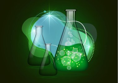 Sıvı, baloncuklar ve boş cam ampullerle izole edilmiş soyut cam ampul. Kimyasal ve biyolojik deneyler. Tasarımınız için vektör illüstrasyonu.