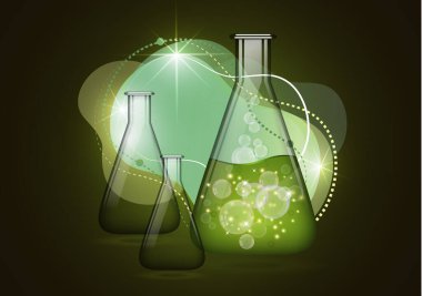 Sıvı, baloncuklar ve boş cam ampullerle izole edilmiş soyut cam ampul. Kimyasal ve biyolojik deneyler. Tasarımınız için vektör illüstrasyonu.