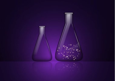 Soyut arka plan, gizemli bir madde ve boş bir cam ampulle izole edilmiş cam ampul. Kimyasal ve biyolojik deneyler. Tasarımınız için vektör illüstrasyonu.