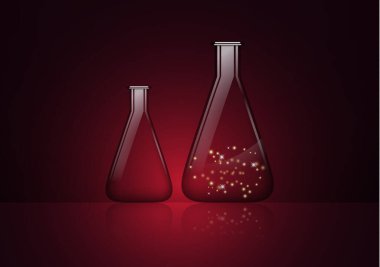 Soyut arka plan, gizemli bir madde ve boş bir cam ampulle izole edilmiş cam ampul. Kimyasal ve biyolojik deneyler. Tasarımınız için vektör illüstrasyonu.