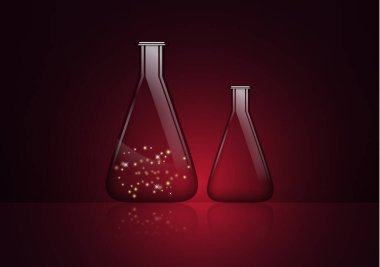 Soyut arka plan, gizemli bir madde ve boş bir cam ampulle izole edilmiş cam ampul. Kimyasal ve biyolojik deneyler. Tasarımınız için vektör illüstrasyonu.