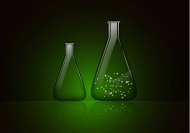 Soyut arka plan, gizemli bir madde ve boş bir cam ampulle izole edilmiş cam ampul. Kimyasal ve biyolojik deneyler. Tasarımınız için vektör illüstrasyonu.