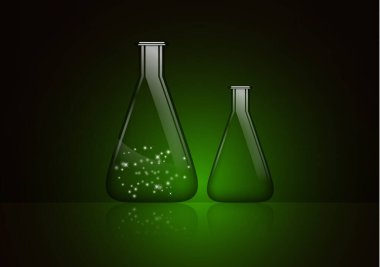 Soyut arka plan, gizemli bir madde ve boş bir cam ampulle izole edilmiş cam ampul. Kimyasal ve biyolojik deneyler. Tasarımınız için vektör illüstrasyonu.