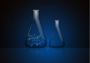 Soyut arka plan, gizemli bir madde ve boş bir cam ampulle izole edilmiş cam ampul. Kimyasal ve biyolojik deneyler. Tasarımınız için vektör illüstrasyonu.