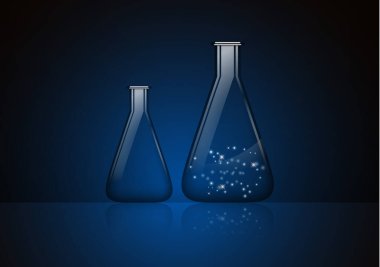 Soyut arka plan, gizemli bir madde ve boş bir cam ampulle izole edilmiş cam ampul. Kimyasal ve biyolojik deneyler. Tasarımınız için vektör illüstrasyonu.