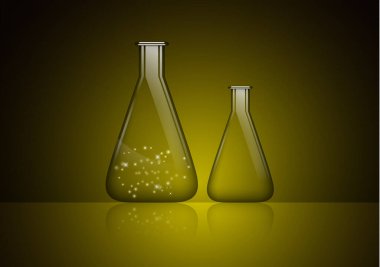 Soyut arka plan, gizemli bir madde ve boş bir cam ampulle izole edilmiş cam ampul. Kimyasal ve biyolojik deneyler. Tasarımınız için vektör illüstrasyonu.