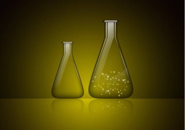 Soyut arka plan, gizemli bir madde ve boş bir cam ampulle izole edilmiş cam ampul. Kimyasal ve biyolojik deneyler. Tasarımınız için vektör illüstrasyonu.