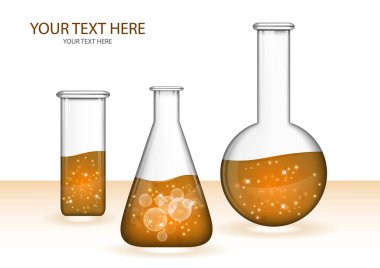 Beyaz zemin üzerinde sıvı izole edilmiş şeffaf cam şişeler. Kimyasal ve biyolojik deneyler. Tasarımınız için vektör illüstrasyonu.
