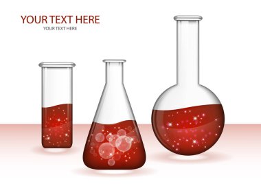 Beyaz zemin üzerinde sıvı izole edilmiş şeffaf cam şişeler. Kimyasal ve biyolojik deneyler. Tasarımınız için vektör illüstrasyonu.